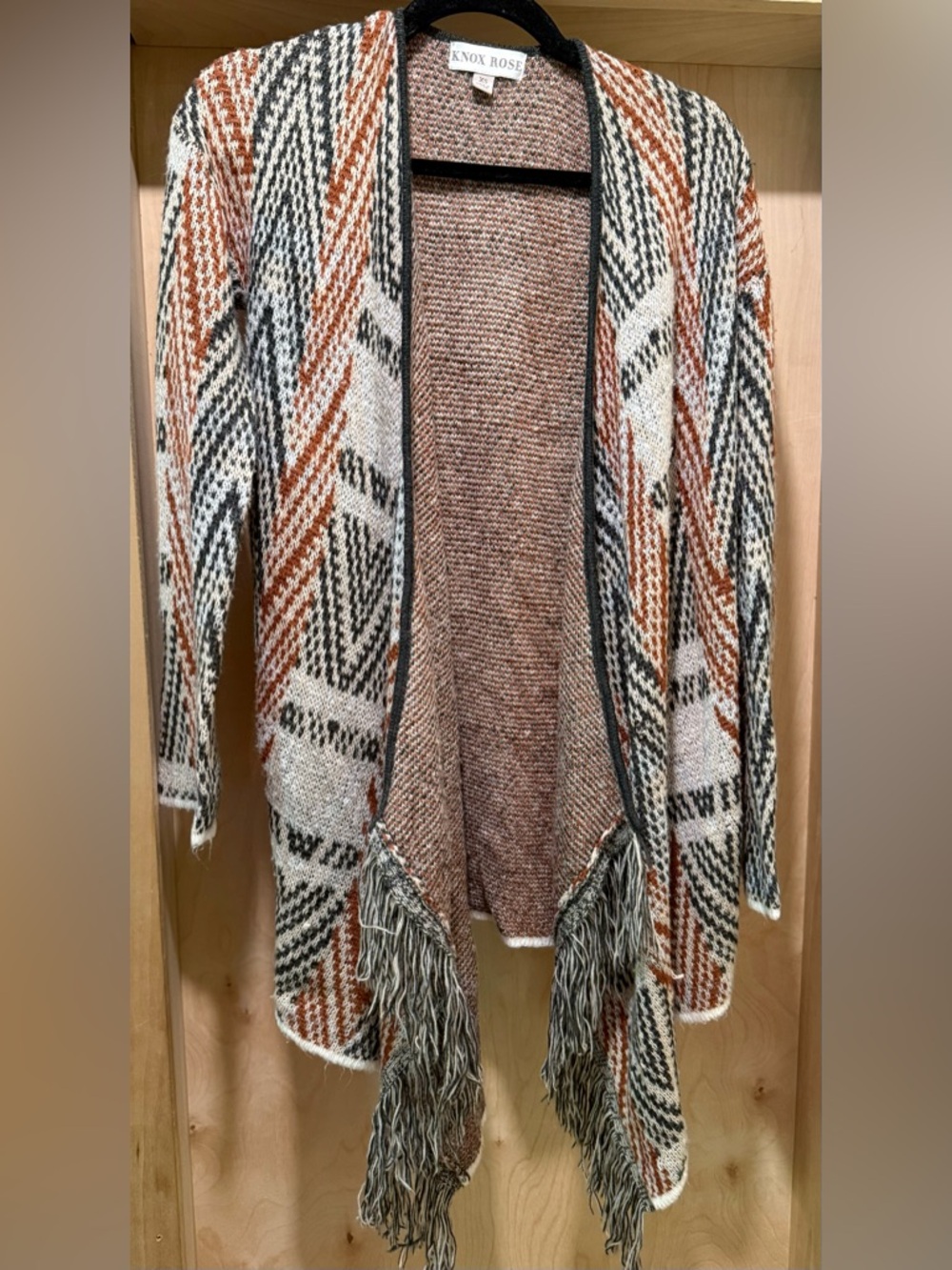 Knox Rose Open-Front Fringe Cardigan in Rust, Cream & Black Size XSmall